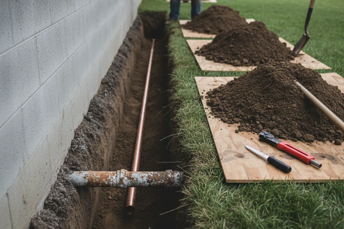 Excavated water line trench during Sewer Line Repair in Henning